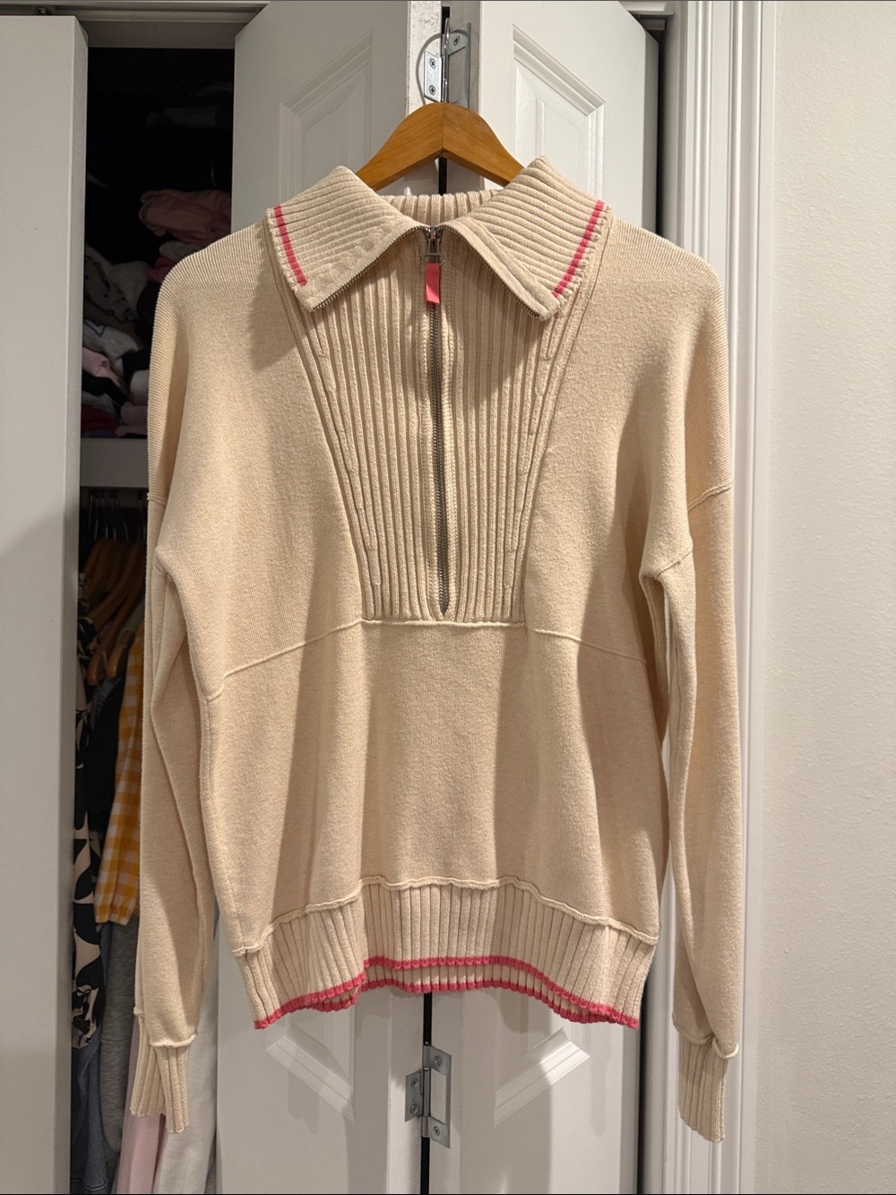 Cynthia Rowley Size S- Cream Half-Zip Collar Sweater with Pink Trim